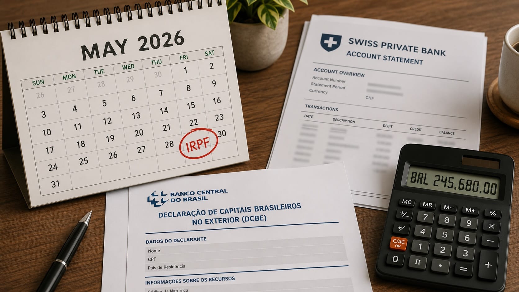 Swiss banking Brazilian clients compliance calendar 2026 — IRPF May 30 deadline, DCBE Central Bank declaration, AEOI reporting timeline and Law 15270 dividend withholding obligations