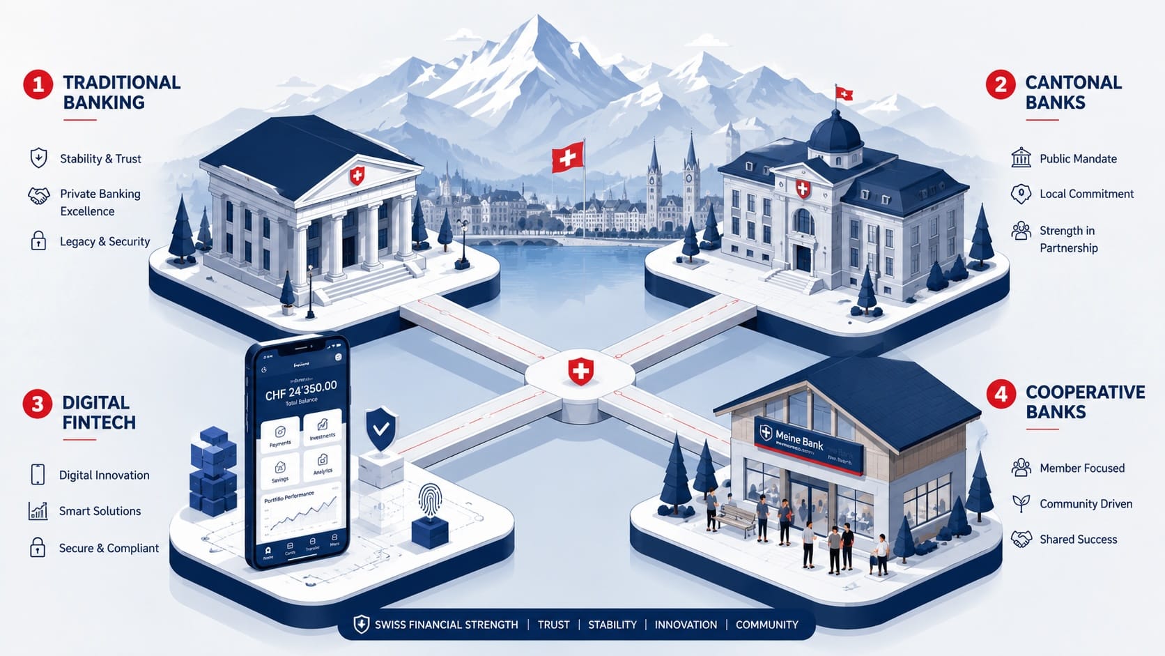 Swiss Business Banking Landscape 2026 — Traditional Banks, Cantonal Banks and Fintechs Swiss business banking landscape map showing traditional banks, cantonal banks, and fintechs for SMEs in Switzerland 2026
