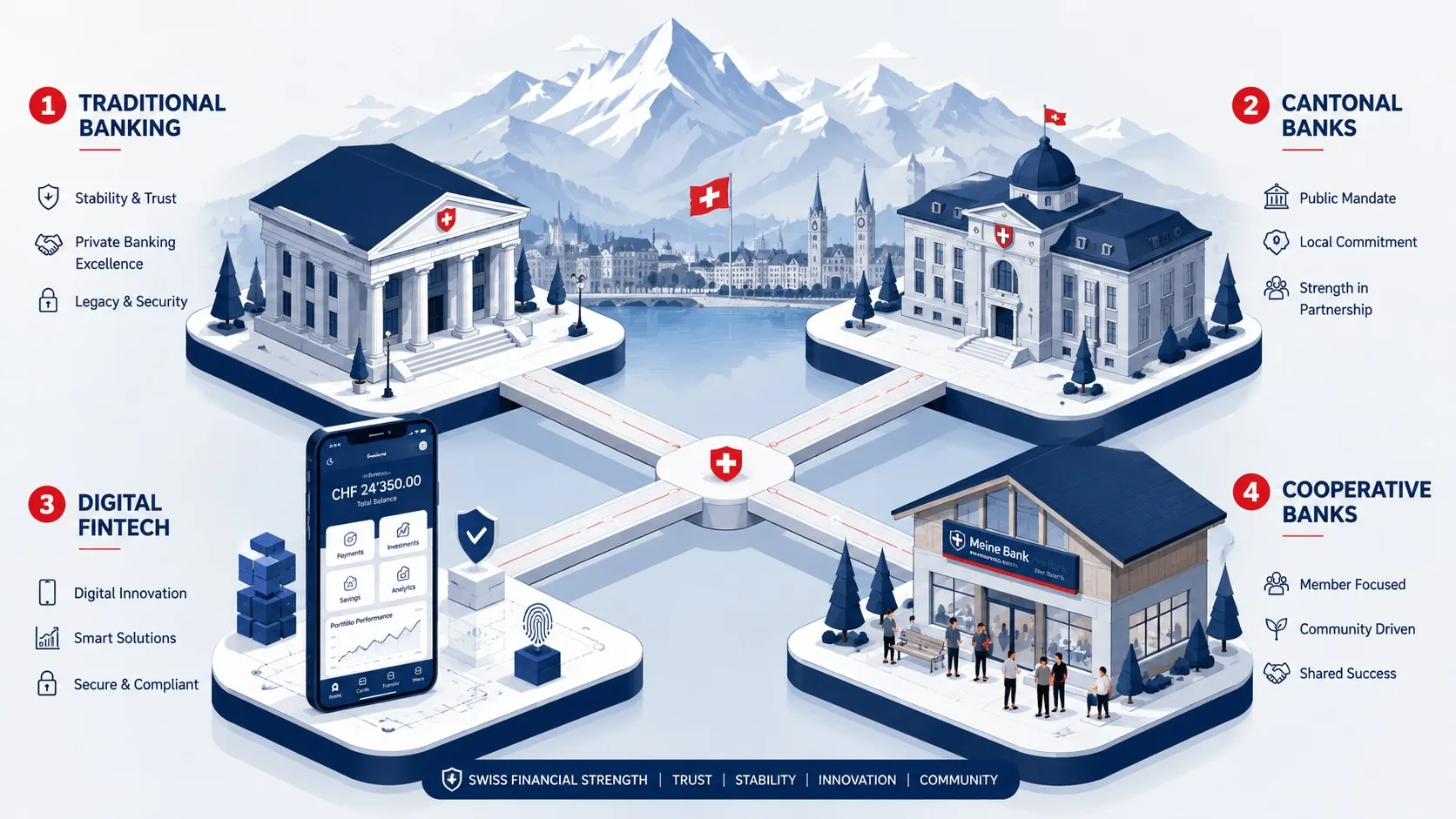 Swiss business banking landscape map showing traditional banks, cantonal banks, and fintechs for SMEs in Switzerland 2026