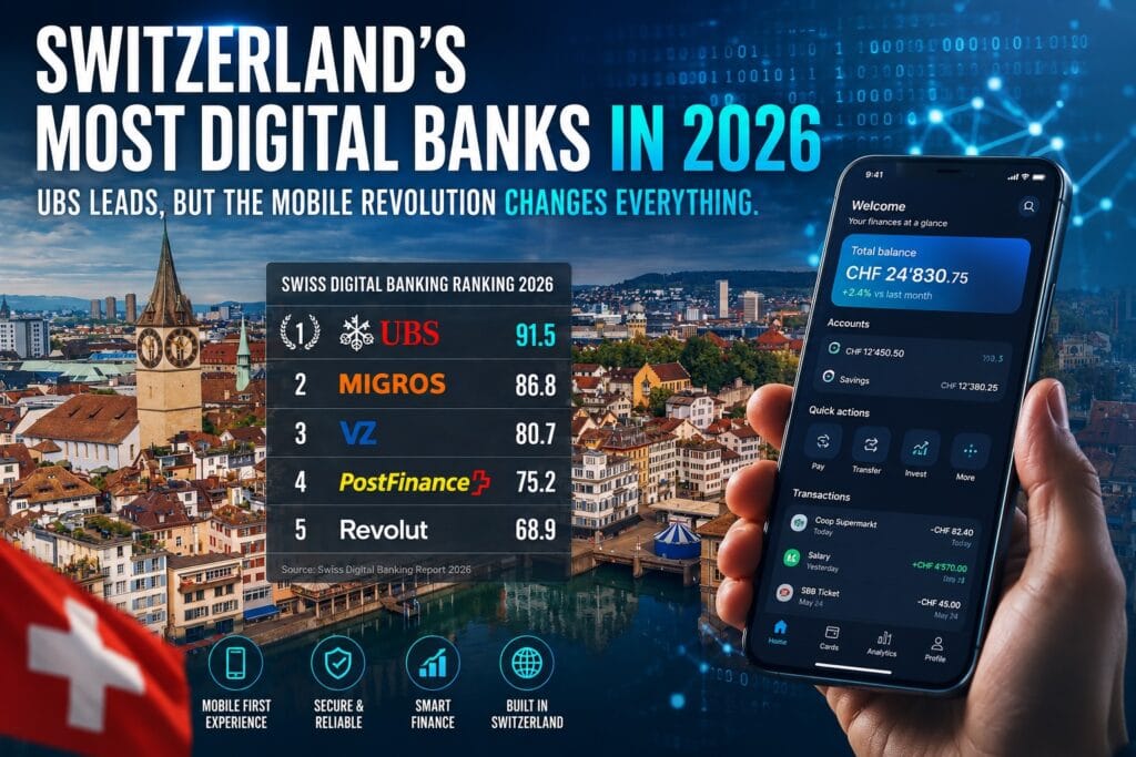 Swiss digital banking ranking 2026 infographic showing UBS, Migros, VZ, PostFinance and Revolut with mobile banking app over Zurich city