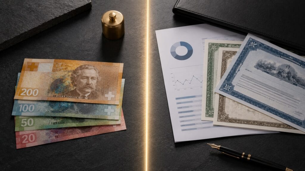 Split financial composition showing Swiss franc cash deposits on one side and custody account securities and bond certificates on the other, illustrating Swiss deposit insurance and asset protection.