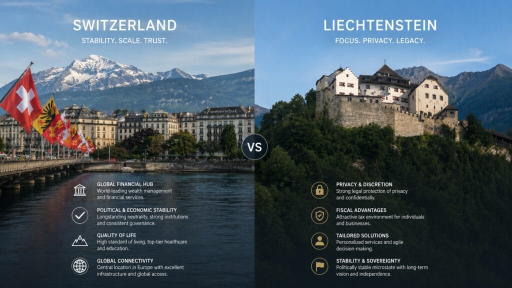 Liechtenstein vs. Swiss Banking comparison showing Switzerland's global financial strength and Liechtenstein's privacy-focused wealth protection framework