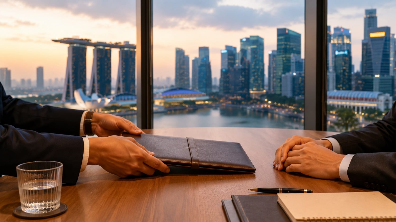 Singapore foreign bank inheritance — representative reviewing estate documents with a bank officer at a meeting table