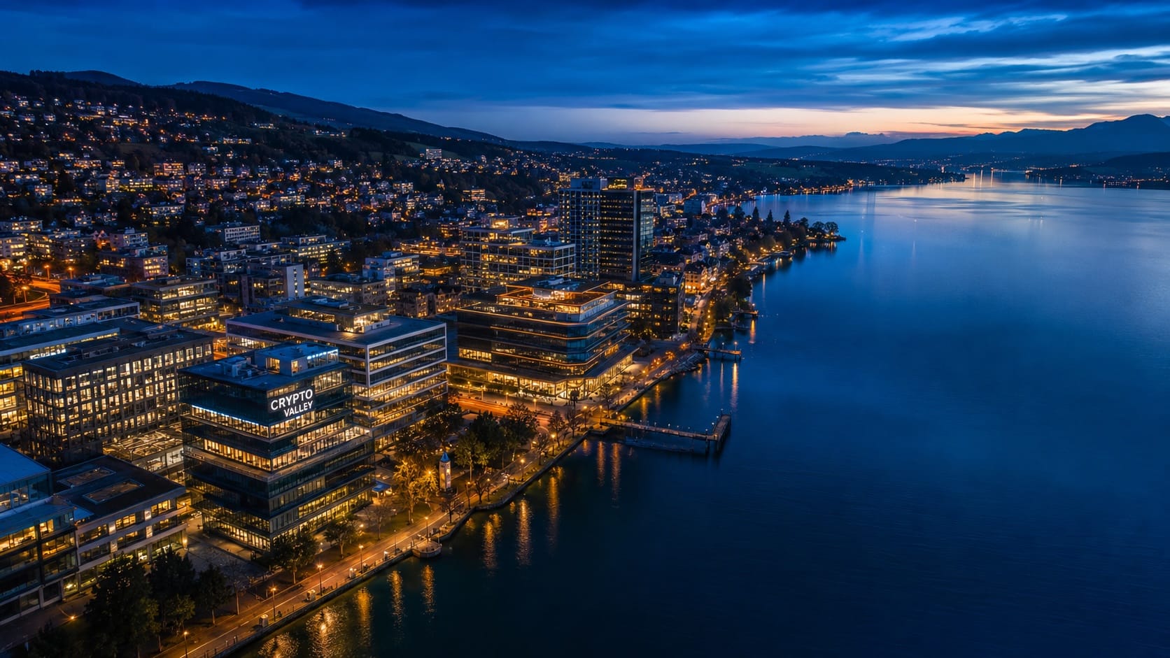 Swiss crypto banks hub Crypto Valley Zug Switzerland aerial view