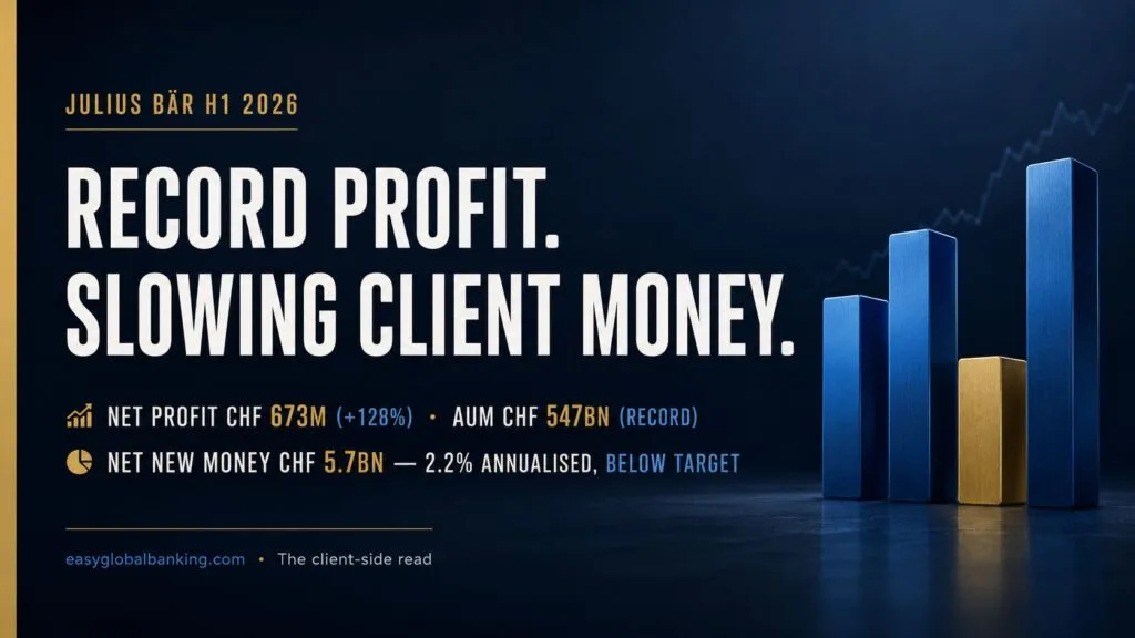 Financial infographic summarising Julius Baer’s H1 2026 results, showing net profit of CHF 673 million, assets under management of CHF 547 billion, and net new money of CHF 5.7 billion, with blue and gold bar-chart graphics.