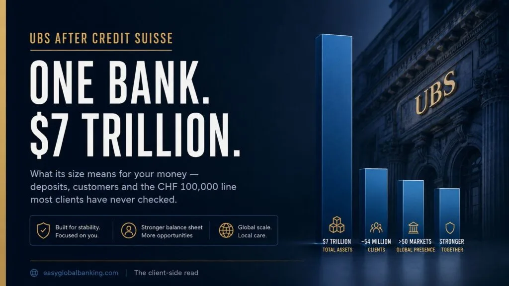 Financial infographic examining UBS after the Credit Suisse integration, highlighting its approximately USD 7 trillion scale and the implications for client assets, custody arrangements and Swiss deposit protection.