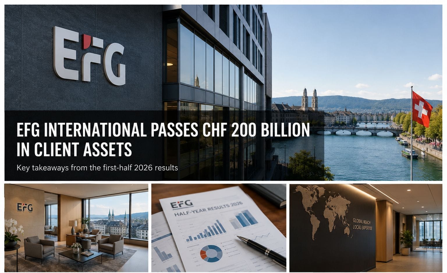 EFG International private banking office in Zurich representing its 2026 growth beyond CHF 200 billion in client assets