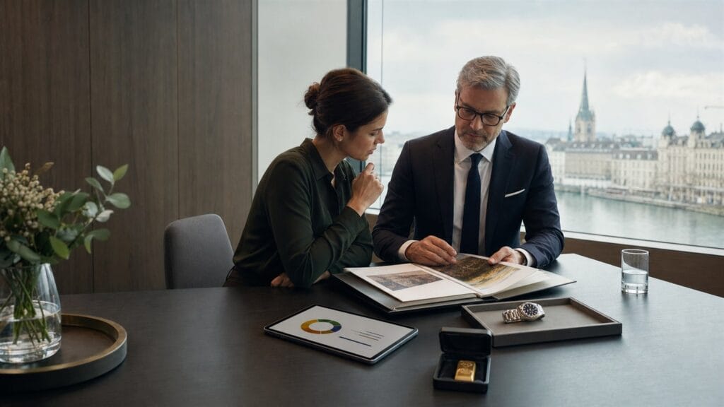 Private banking professionals reviewing art, gold and a watch as alternative assets