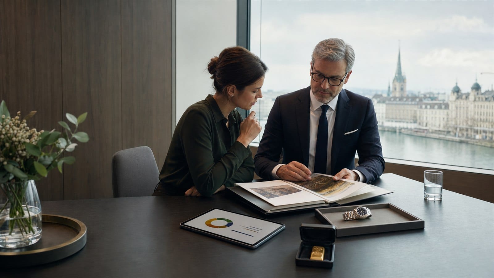 Private banking professionals reviewing art, gold and a watch as alternative assets