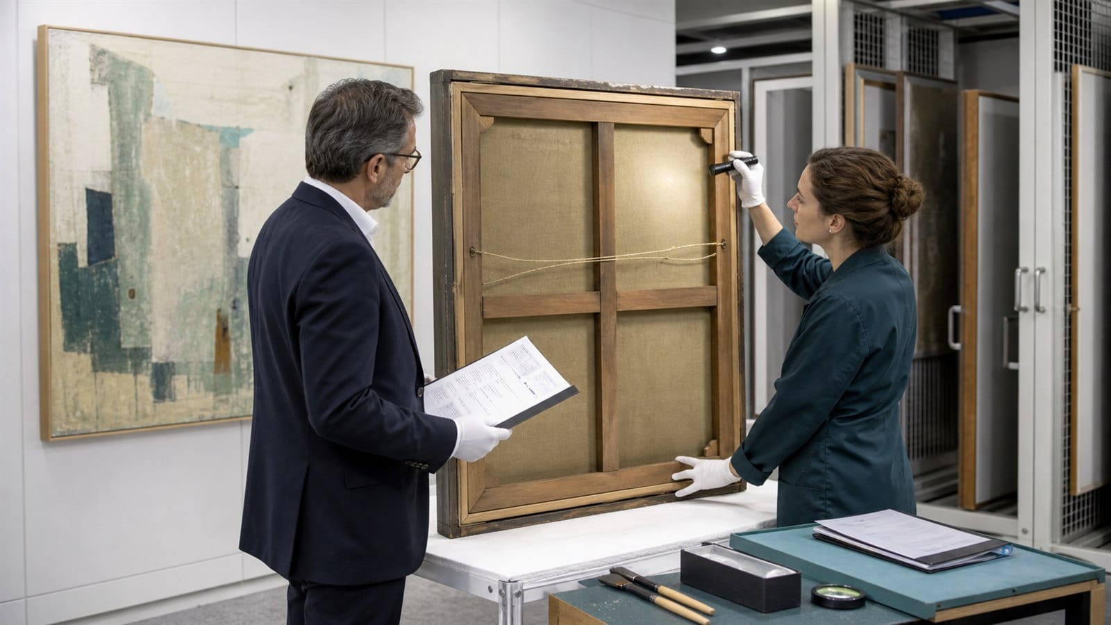 Art specialists examining a painting and provenance documentation in secure storage