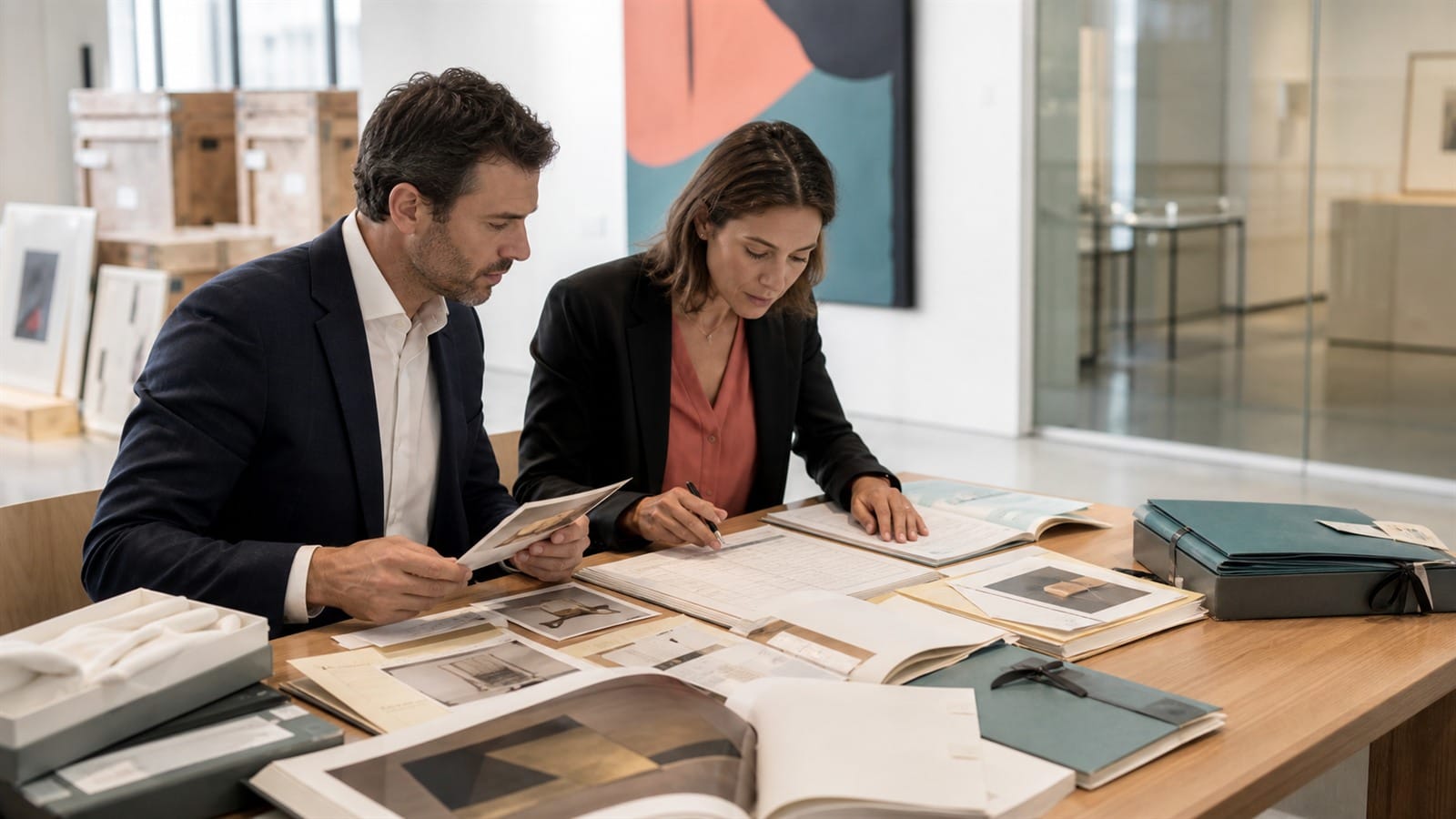 Auction-house specialists assembling provenance and seller settlement documents