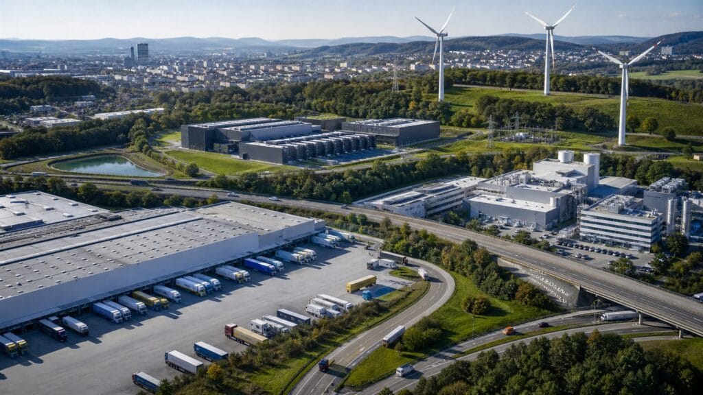 Aerial view of logistics, manufacturing, data infrastructure and renewable-energy operating assets