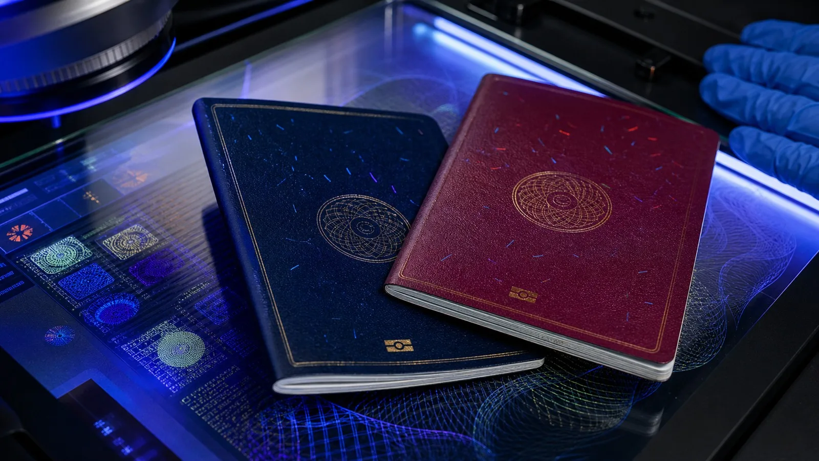 Two fictional biometric passports under ultraviolet document-authentication light