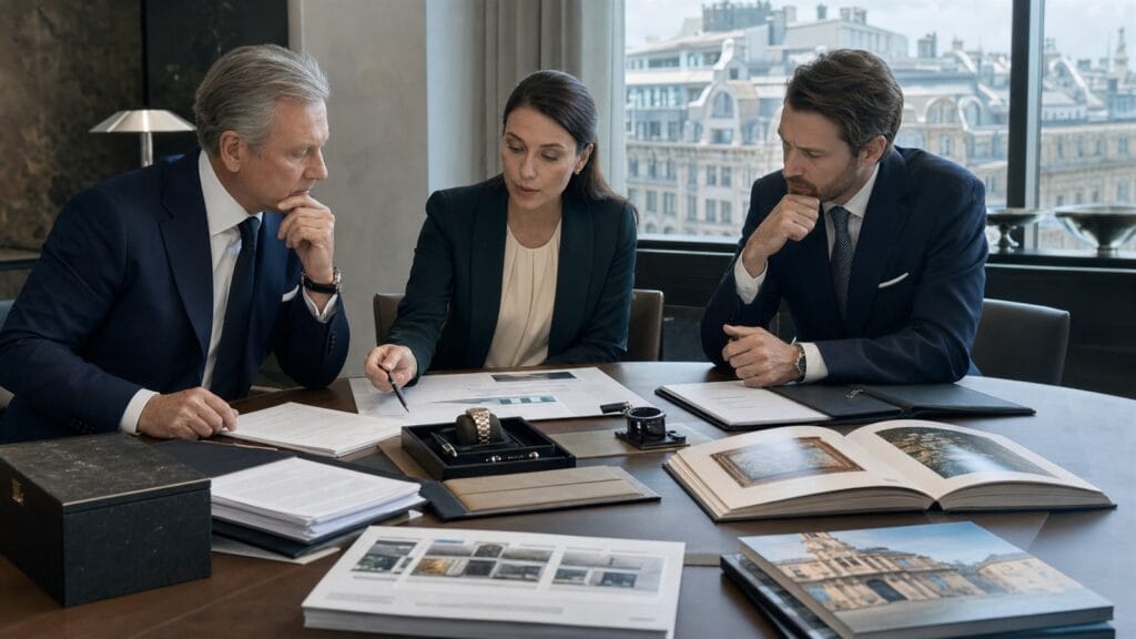 Asset owner, lawyer and private-bank specialist reviewing source-of-funds evidence before settlement