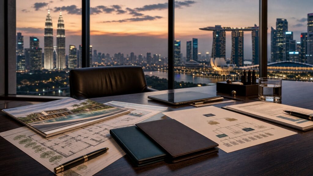 Kuala Lumpur and Singapore skylines behind family office documents comparing MM2H and Singapore GIP bankability