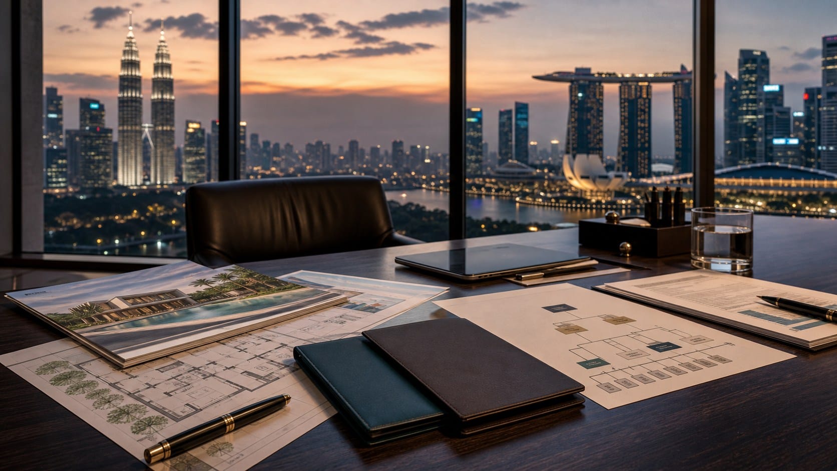 Kuala Lumpur and Singapore skylines behind family office documents comparing MM2H and Singapore GIP bankability