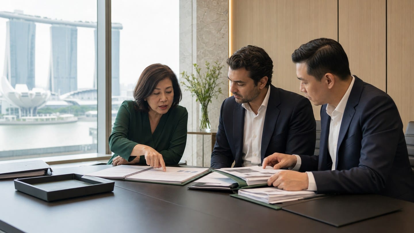 Singapore private bank source of wealth review in 2026 Singapore private banking compliance specialist reviewing a source of wealth dossier with an international client