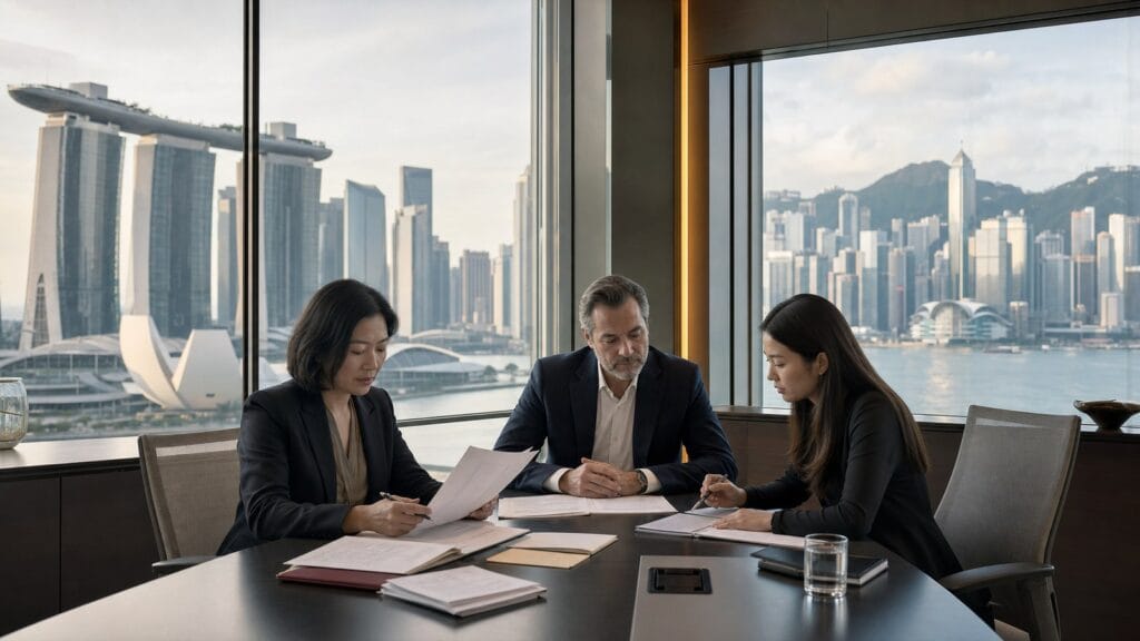 Singapore and Hong Kong private banking compliance teams reviewing an international client onboarding file in 2026