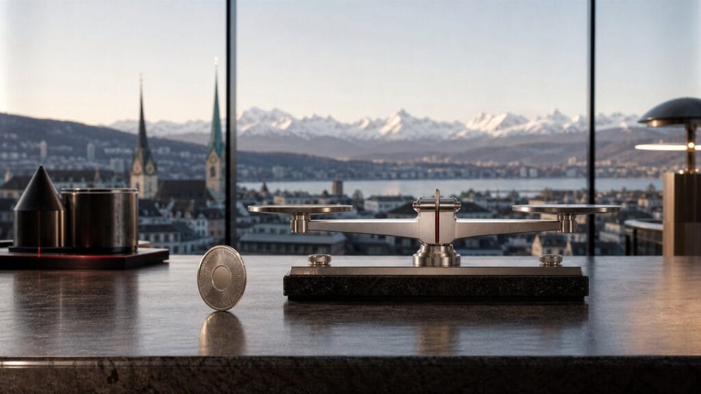 Swiss franc at zero interest beside a balanced scale overlooking Zurich