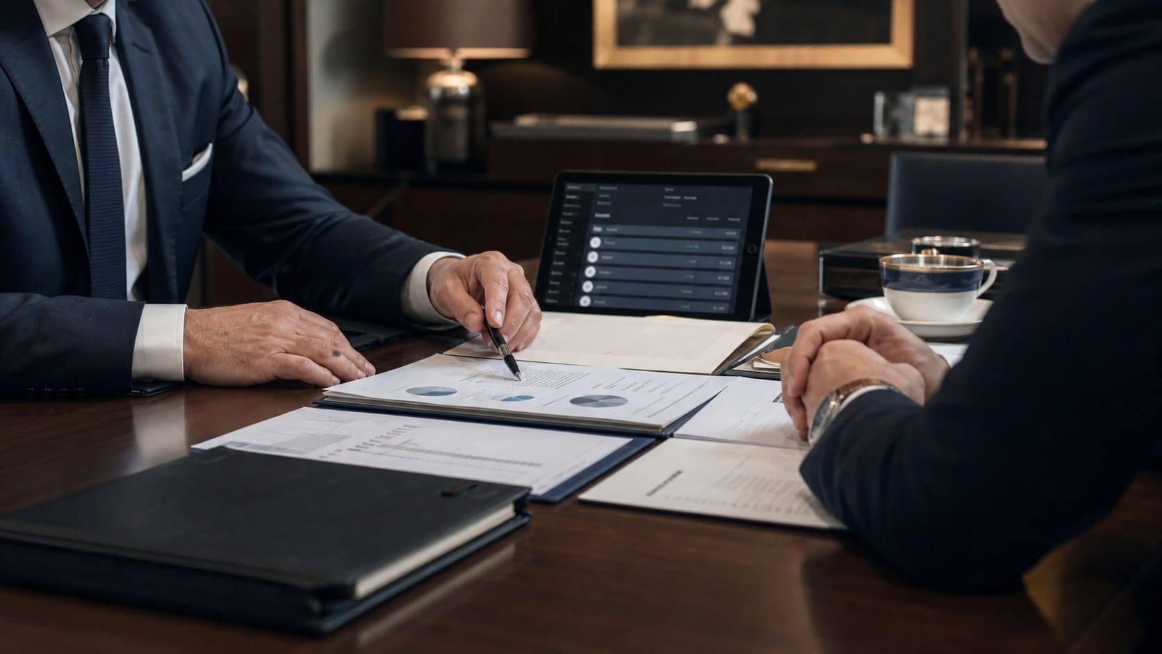 Private banking adviser reviewing source of wealth documents with an international client