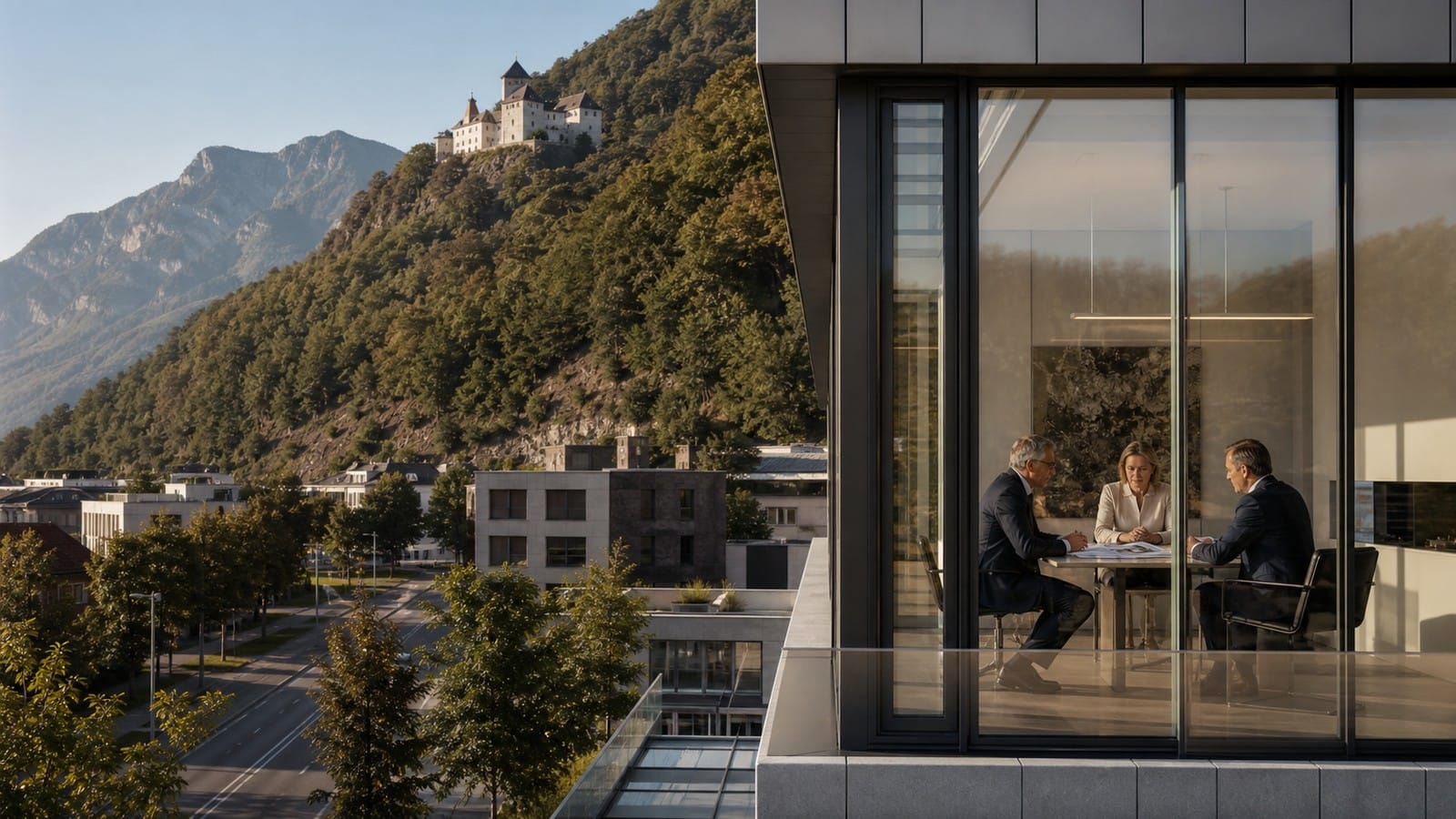 Vaduz private banking office and multigenerational wealth meeting illustrating LGT assets under management in 2026