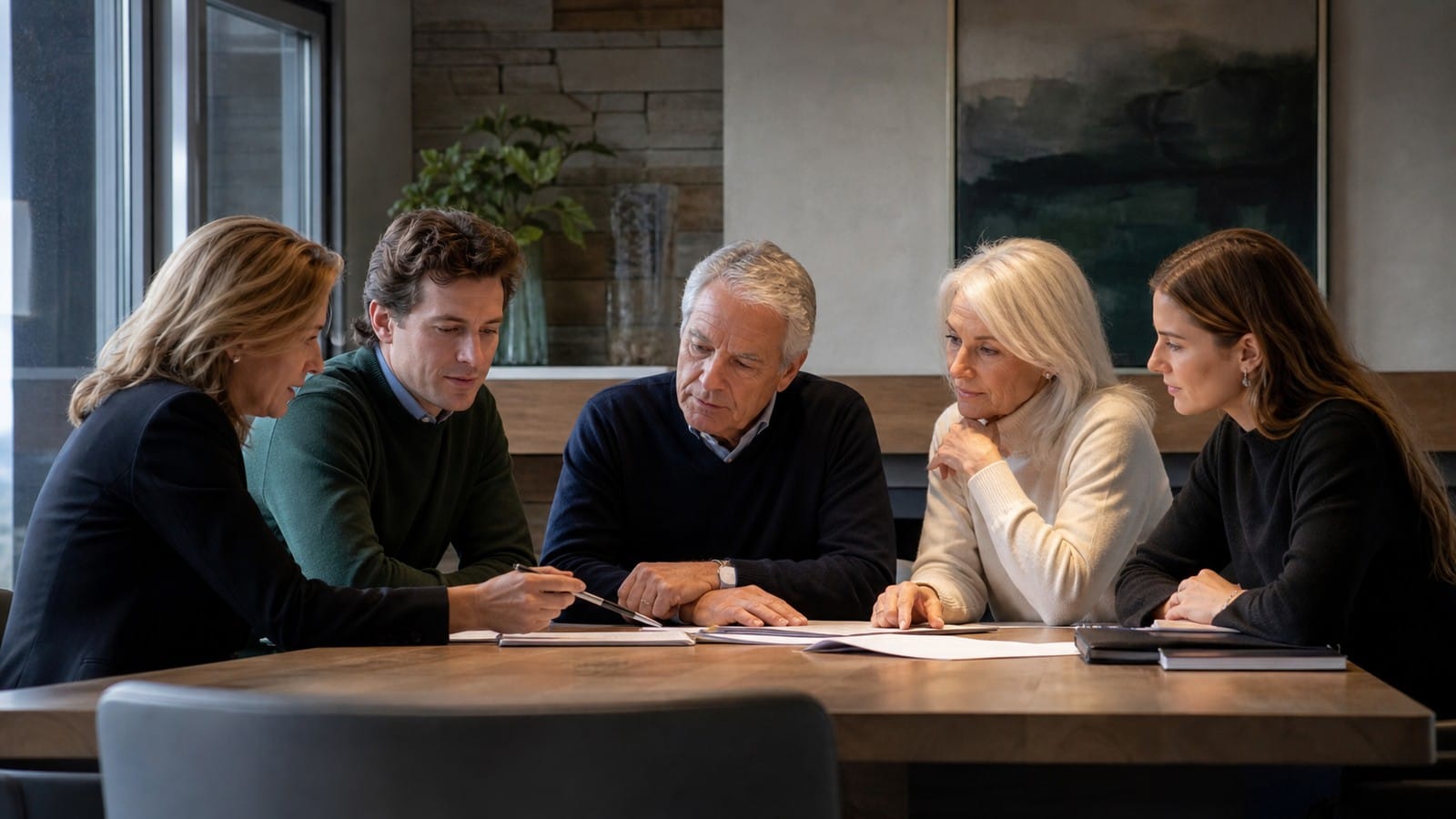 Family office personalisation in private banking Multigenerational family reviewing a private banking investment strategy with an adviser