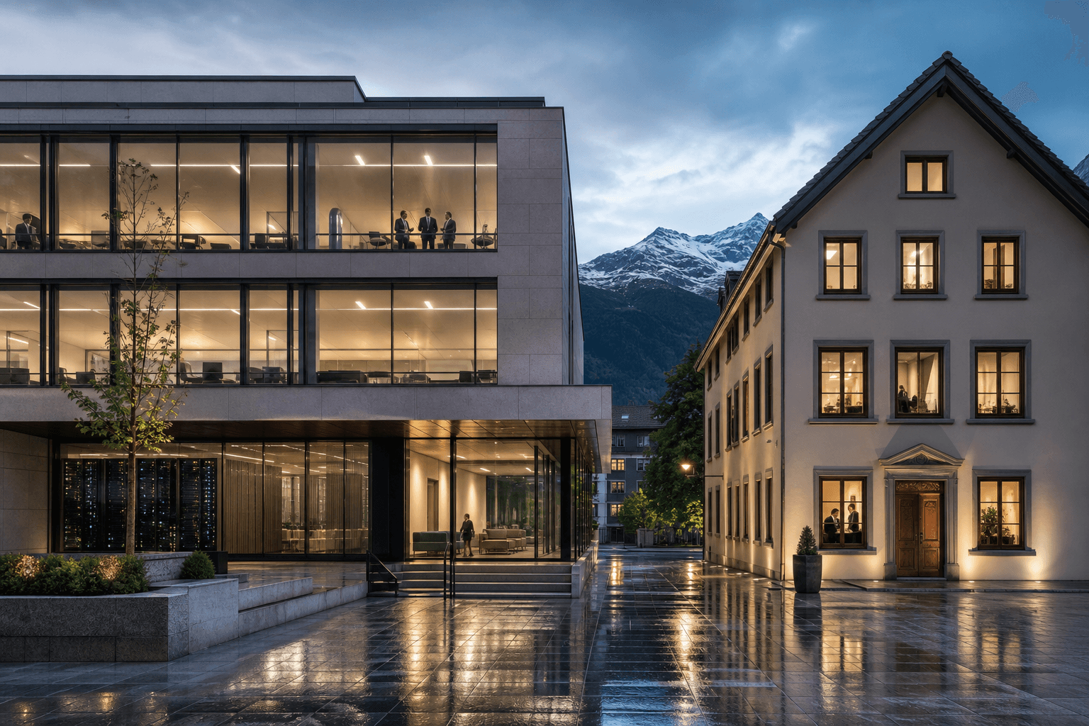 Scale and specialisation in Liechtenstein banking after H1 2026 Modern regulated banking platform beside a specialist boutique in Vaduz, Liechtenstein