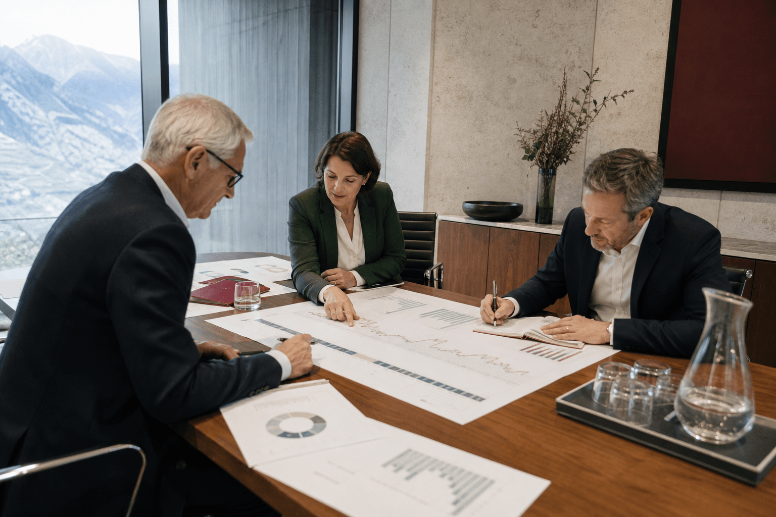 Liechtenstein private bank results review for H1 2026 Liechtenstein private bank executives reviewing H1 2026 earnings, cost and asset growth data