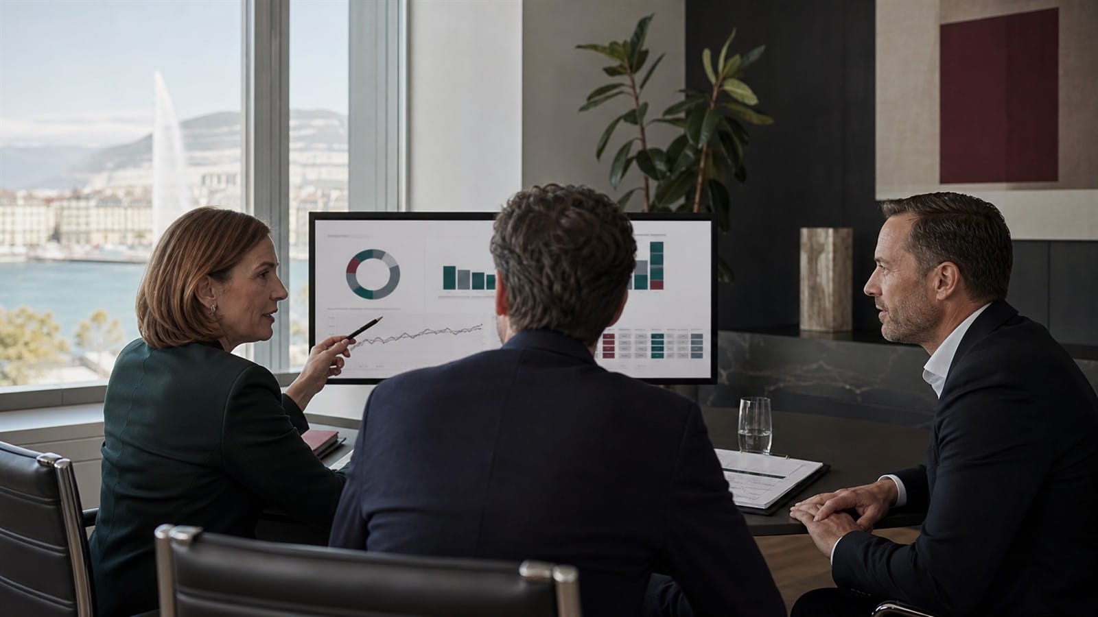 Lombard Odier G2 technology supporting private banking advice Private banker using portfolio technology with an investment specialist and client in Geneva