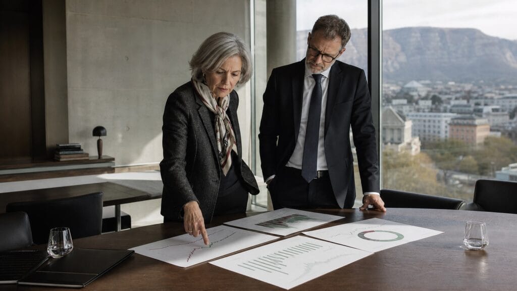 Pictet analysts reviewing first-half 2026 earnings charts in a Geneva wealth-management office