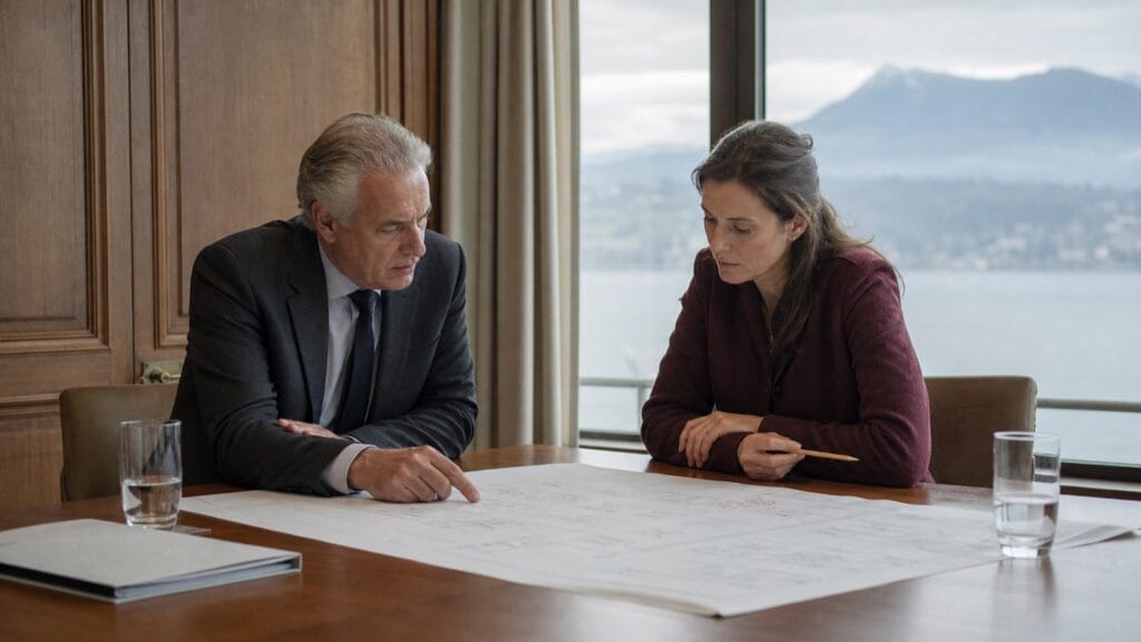 Swiss private banker and family-business owner reviewing a succession plan