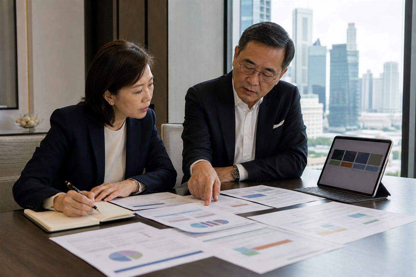 Singapore wealth adviser and private client comparing fund choices and fees
