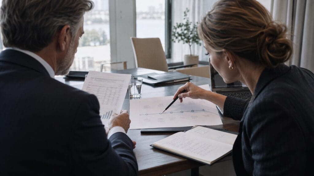 Source of wealth declaration: adviser and client reviewing a wealth timeline and bank records