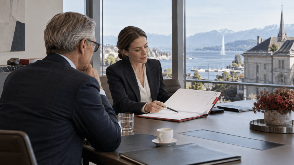 US client reviewing a Swiss bank account application with a private banker in Geneva