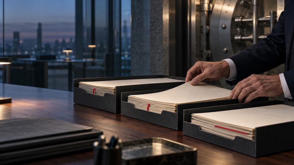 Bank resolution specialist sorting account records by creditor priority beside a vault