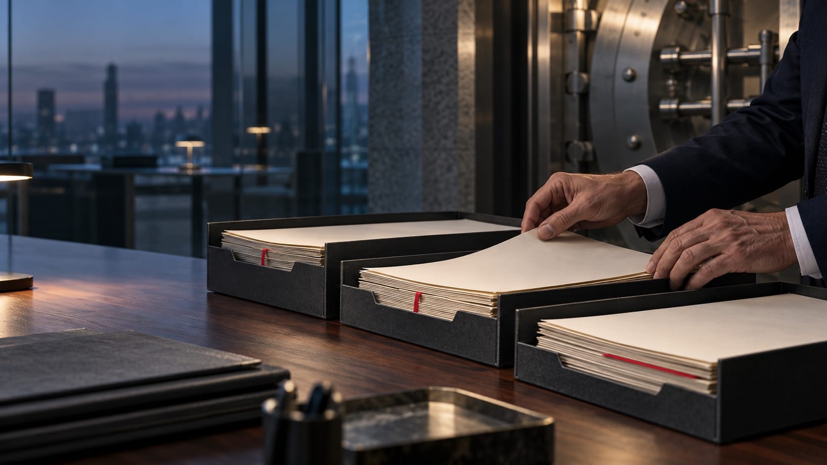 Bank resolution specialist sorting account records by creditor priority beside a vault