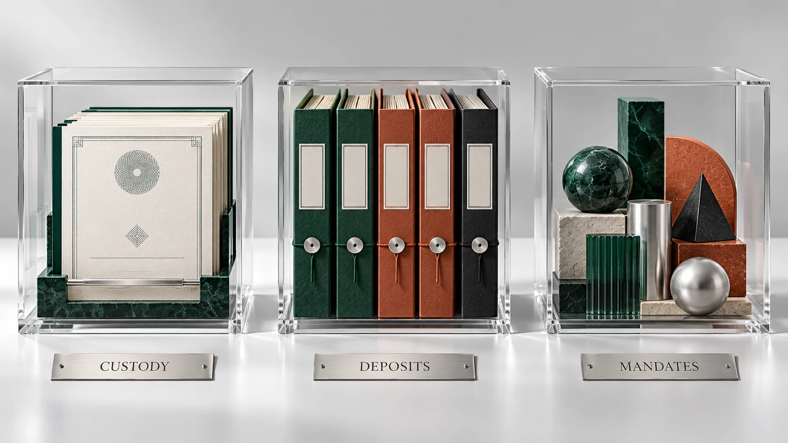 Conceptual illustration separating custody assets, bank deposits and investment mandates