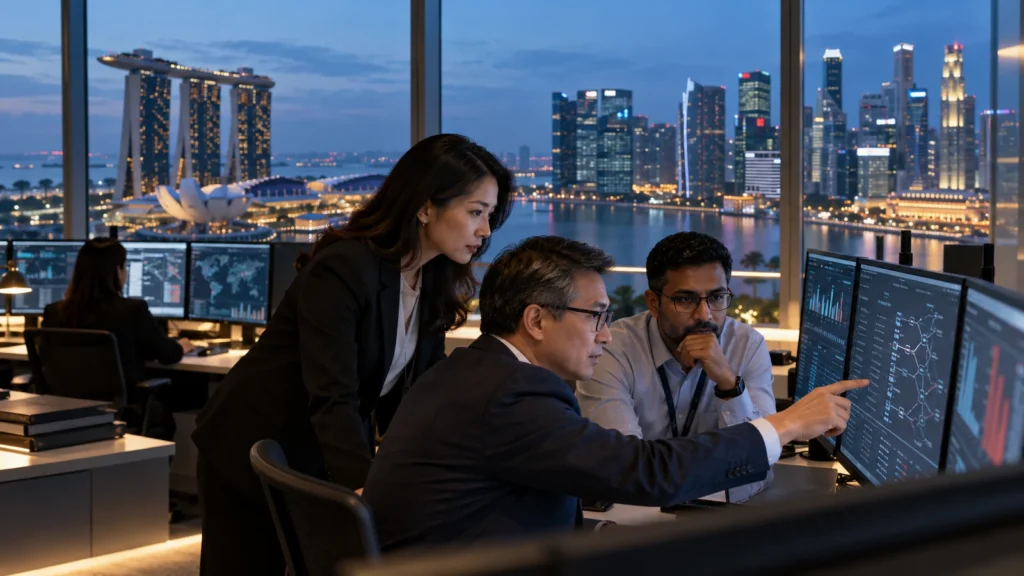 Singapore bank AI governance team reviewing model risk and decision controls in a financial operations centre