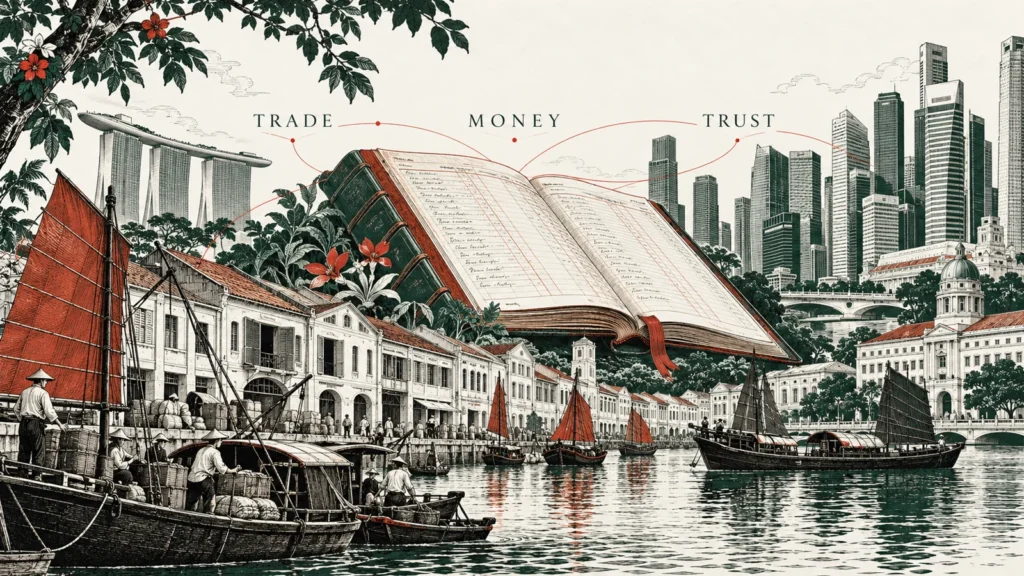 Editorial illustration of Singapore banking history, linking river trade, financial records and modern banking