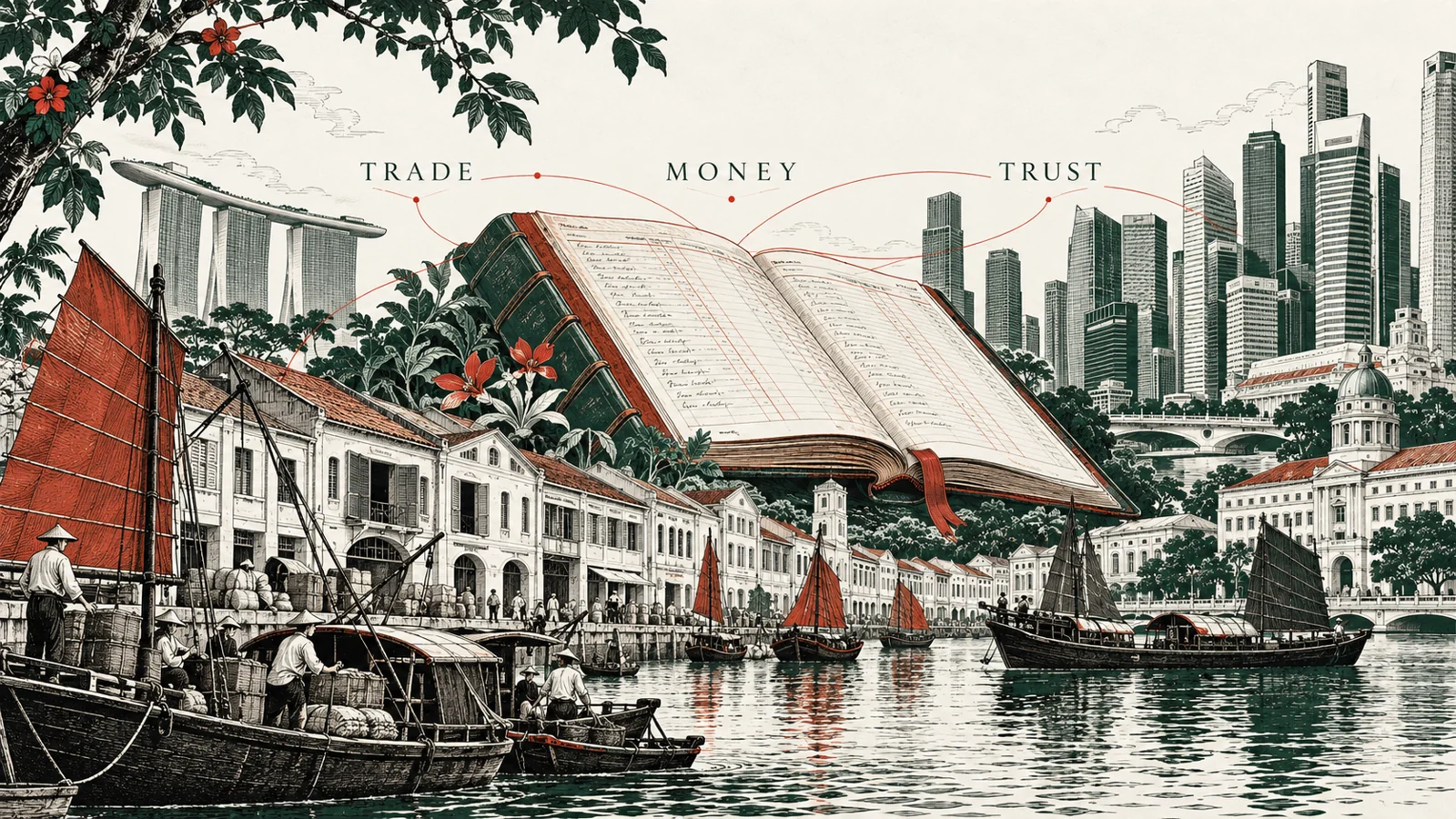 Editorial illustration of Singapore banking history, linking river trade, financial records and modern banking