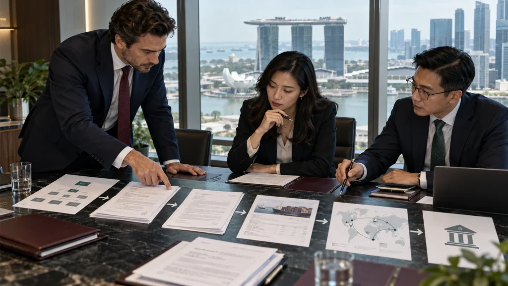 Foreign company founder reviewing ownership, contracts and payment flows for a Singapore corporate bank account