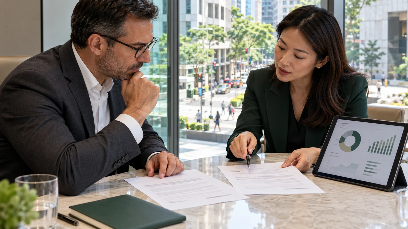 Illustrative Singapore private banking meeting comparing account mandates and portfolio reporting