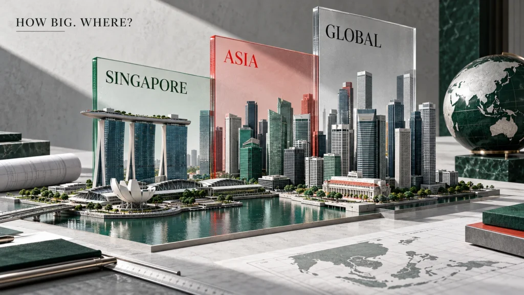 Editorial illustration comparing Singapore, Asia and global scale in private banking AUM disclosures