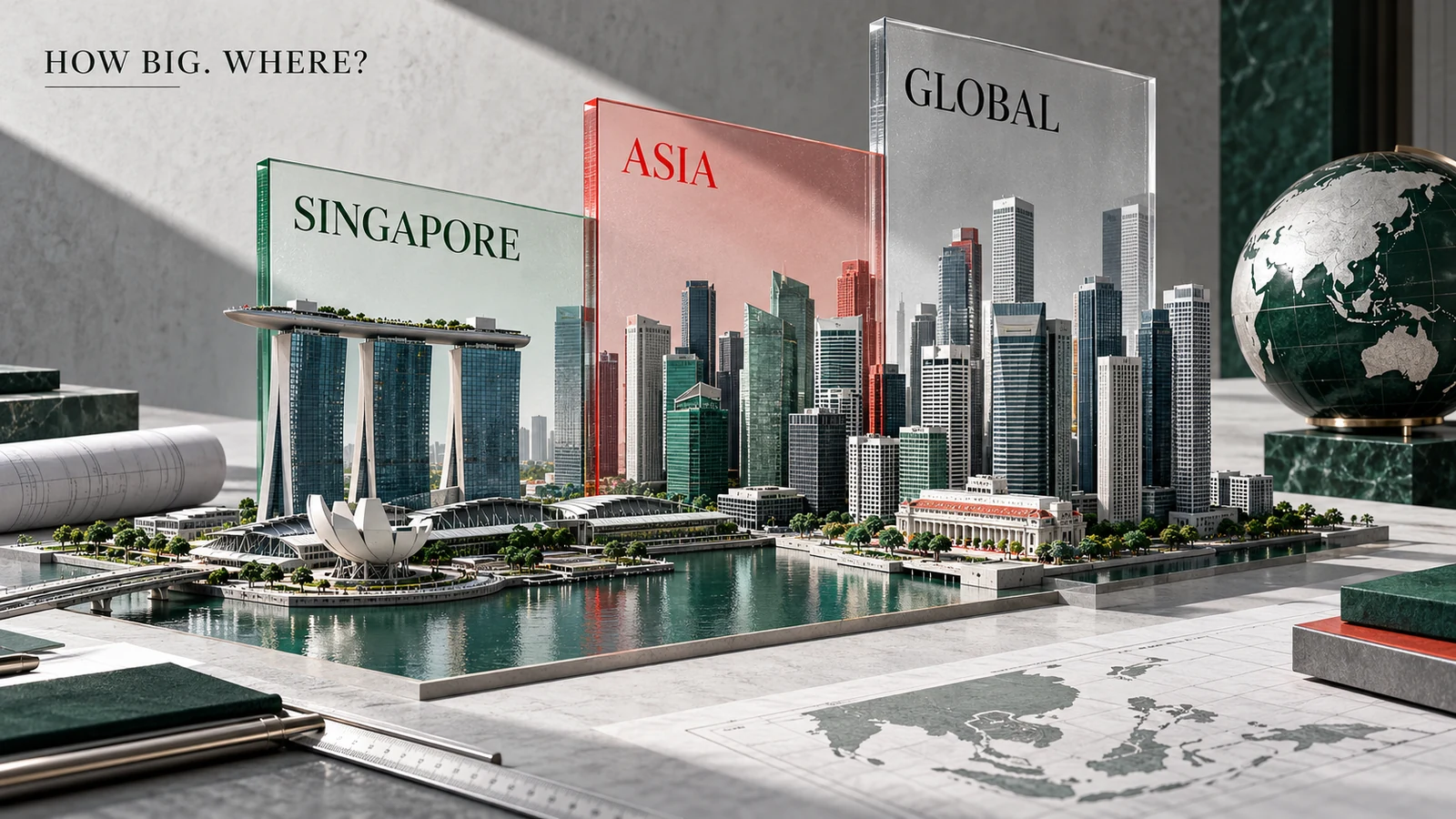 Editorial illustration comparing Singapore, Asia and global scale in private banking AUM disclosures
